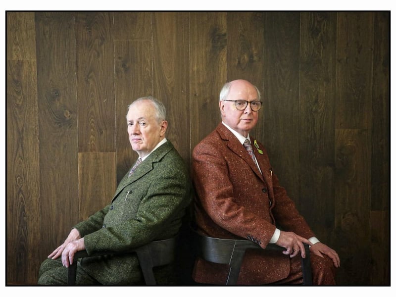 Iconic British art duo Gilbert &amp; George in Belfast to launch their provocative Scapegoat pictures series. Picture by Mal McCann. 