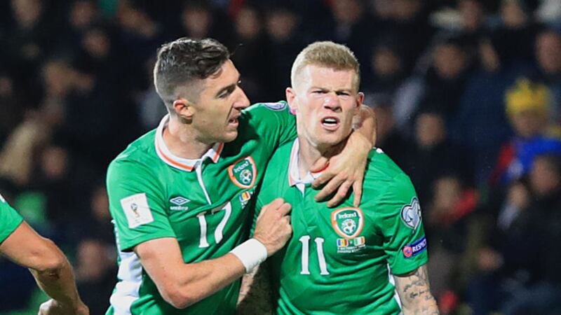 Republic of Ireland's James McClean (right) celebrates scoring his side's second goal with team-mate Stephen Ward at Sunday's 2018 FIFA World Cup qualifying clash in Moldova. Picture by Adam Davy, Press Association