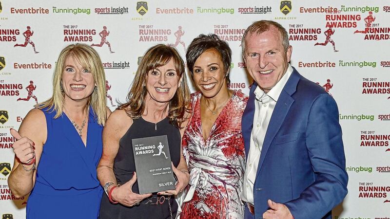 The Born2Run team with Kelly Holmes, from left, Jane Rowe, Carol McMenamin and Gerard Rowe after being named runners-up in the The Running Awards at the O2 in London 