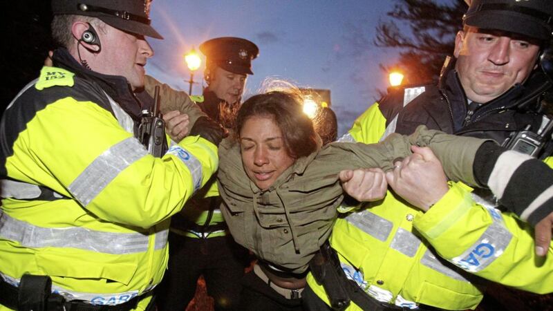 Shell to Sea activists clash with garda&iacute; in 2012 after they blocked the path of a convoy containing Tunnel Boring Machinery on its way to the Shell Bellanaboy Gas refinery in Co Mayo Picture: Niall Carson/PA 
