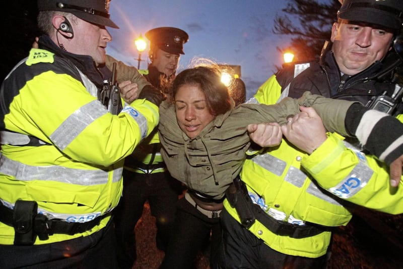 Shell to Sea activists clash with garda&iacute; in 2012 after they blocked the path of a convoy containing Tunnel Boring Machinery on its way to the Shell Bellanaboy Gas refinery in Co Mayo Picture: Niall Carson/PA 