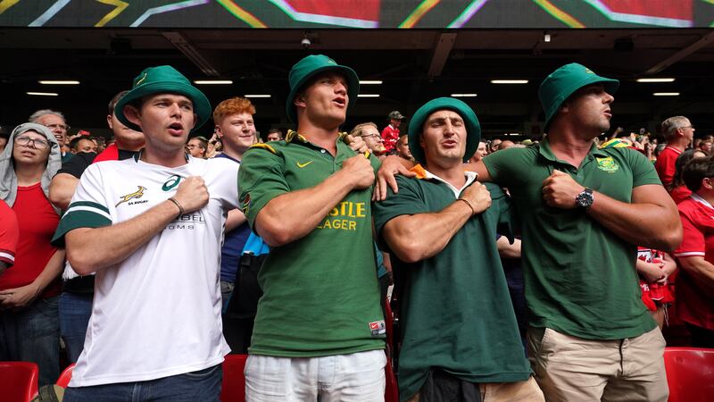 South Africa fans sing the national anthem prior to the Summer Nations Series match against Wales at the Principality Stadium, Cardiff. Picture by David Davies/PA