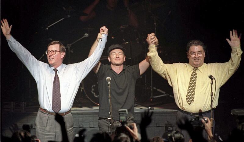 David Trimble and John Hume were introduced to the crowds by Bono at a concert at Belfast&#39;s Waterfront hall in 1998 to promote a Yes vote in the Good Friday Agreement referendum 
