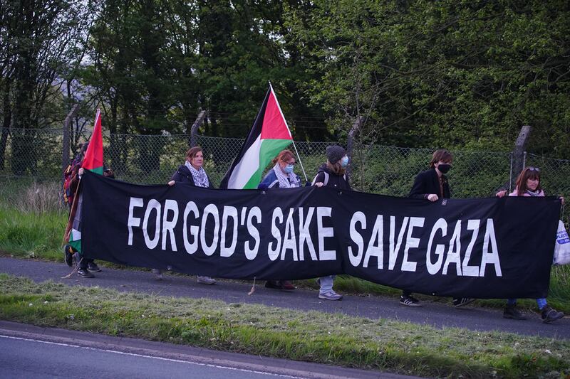 Protesters form a blockade outside weapons manufacturer BAE Systems in Samlesbury