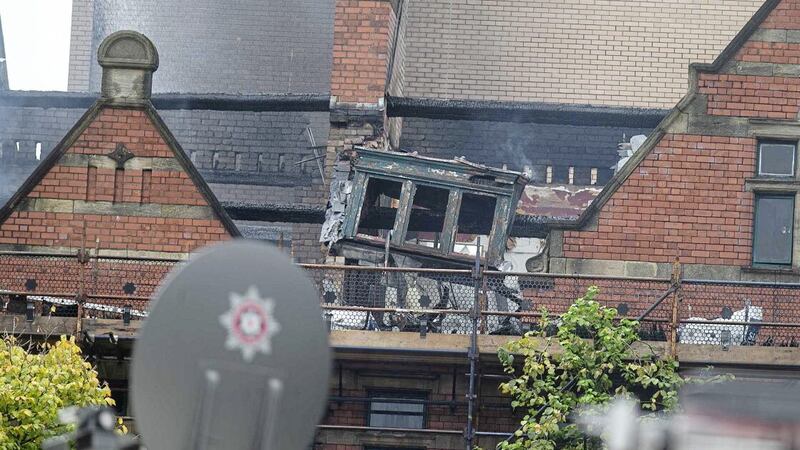 More than 50 firefighters are tackling a blaze at Belfast&#39;s Cathedral Quarter.Crews were called to the Old Cathedral Building, which is home to a range of businesses and groups, at 05:37 BST on Monday.Eight fire engines were dispatched from Belfast, alongside a command unit from Lisburn and two fire aerial appliances.Picture by Hugh Russell. 