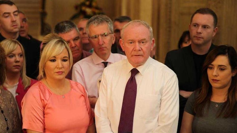 Sinn F&eacute;in&#39;s Martin McGuinness unveils his party&#39;s new ministerial team of M&aacute;irt&iacute;n &Oacute; Muilleoir (back, centre), Michelle O&#39;Neill (front, left), Chris Hazzard (back, right) and Megan Fearon (front, right). Picture by Mal McCann 