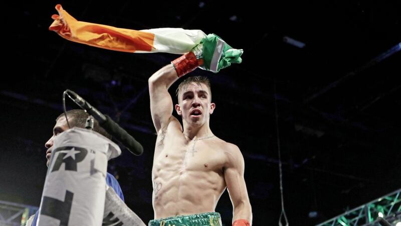 Michael Conlan celebrates after stopping Tim Ibarra in New York 