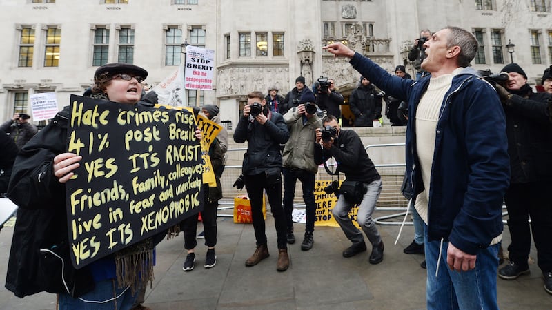 Protesters outside the Supreme Court in London, on the second day of the Government's appeal against a ruling that the Prime Minister must seek MPs' approval to trigger the process of taking Britain out of the European Union. Picture by Victoria Jones, Press Association&nbsp;