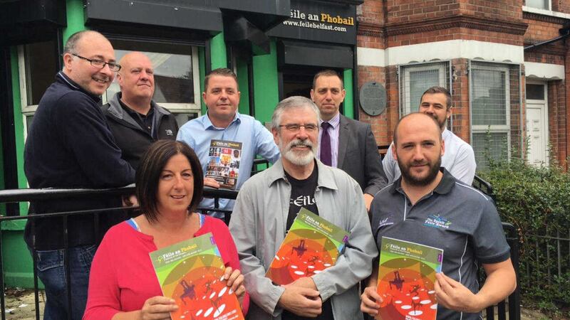 Sinn F&eacute;in president Gerry Adams with some of the festival team in Belfast. Picture by F&eacute;ile en Phobail&nbsp;