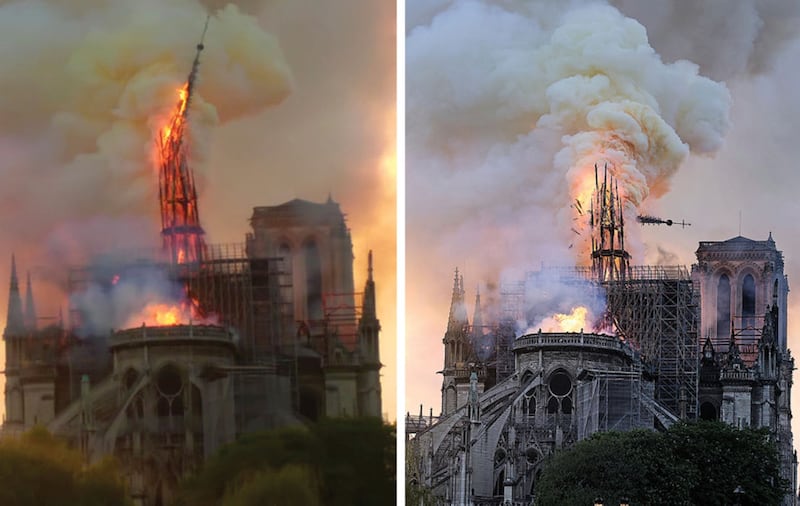 Flames and smoke rise as the spire on Notre Dame cathedral collapses in Paris&nbsp;