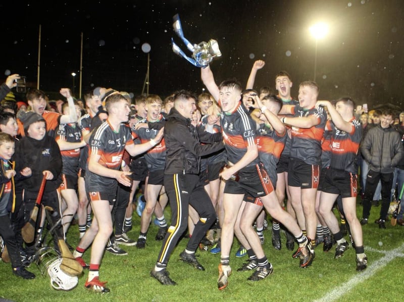 Cross and Passion College celebrate after winning the Mageean Cup Final. Picture by Matt Bohill.