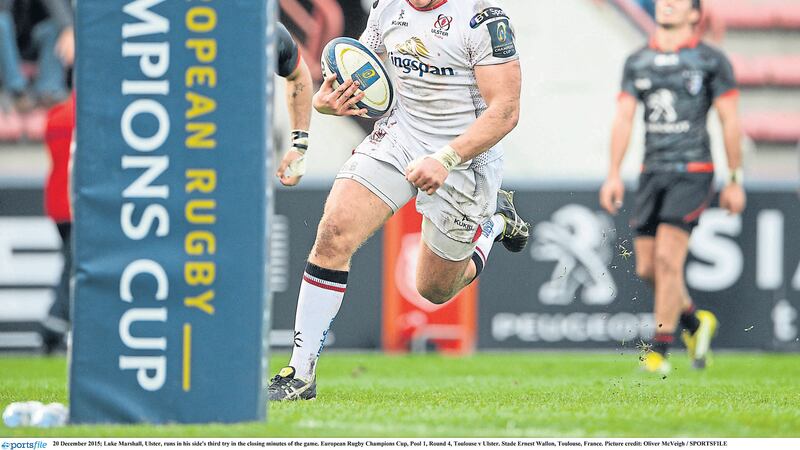 Luke Marshall crosses for Ulster&rsquo;s&nbsp;third try against Toulouse&nbsp;