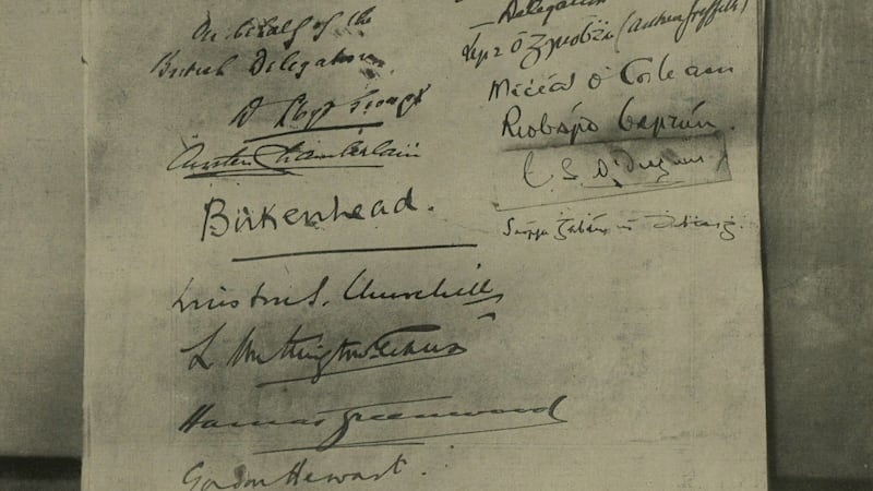 &nbsp;The signatures on the Anglo-Irish Treaty of December 1921, as reproduced in the Illustrated London News. Article 12 of the Treaty led to the establishment of a boundary commission to attempt to settle where the border should be drawn