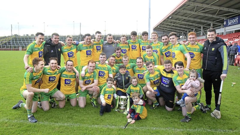 Donegal celebrate victory over Tyrone in the Division 3A League final at Celtic Park Derry	Picture Margaret McLaughlin 