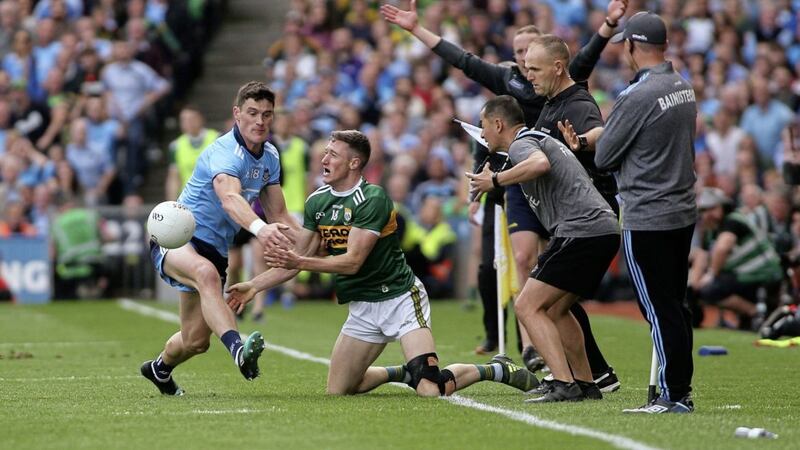1/9/2019  Dublins  Diarmuid Connolly     in action with   Kerrys   Jonathan Lyne    in yesterdays All Ireland Football Final at Croke Park   Picture   Seamus Loughran 