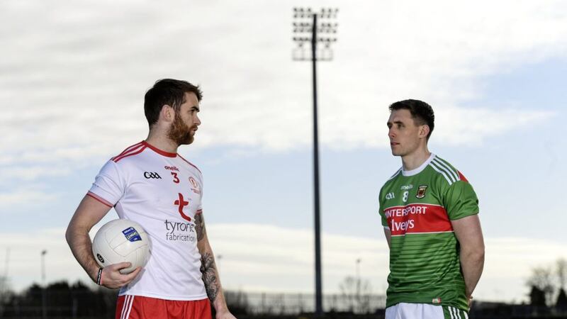 Ronan McNamee of Tyrone and Mayo's Patrick Durcan face off ahead of Sunday's Allianz Football League match in Omagh.<br />Photo by Piaras &Oacute; M&iacute;dheach/Sportsfile