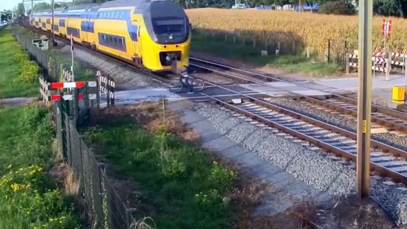 The cyclist was seemingly unaware of the oncoming train as he ventured over a level crossing in the Netherlands.