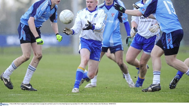 8 March 2008; Mark Vaughan, DIT, in action against Colm Cavanagh, left, and Mark Lynch, UUJ, Ulster Bank Sigerson Cup semi-final, UUJ v DIT, Carlow IT, Carlow. Picture credit: Matt Browne / SPORTSFILE 