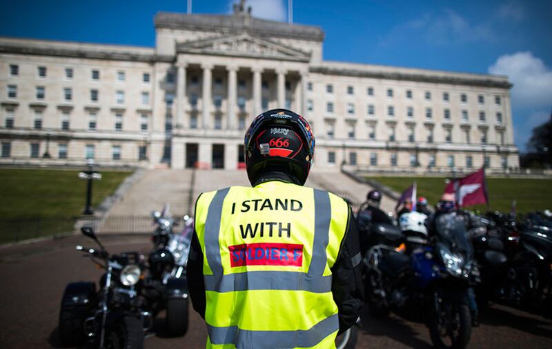 Motorcyclists take part in the Rolling Thunder ride protest at Stormont, to support of Soldier F who is facing prosecution over Bloody Sunday&nbsp;