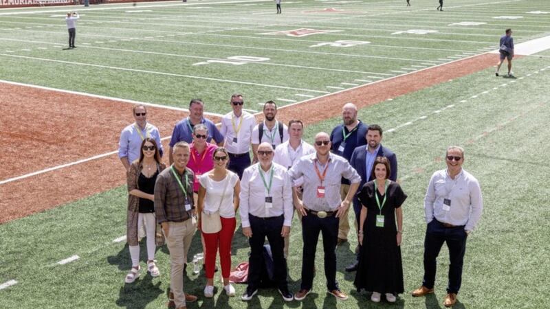 EY Entrepreneur of the Year (EOY) Ireland finalists and alumni - including Irish News managing director Dominic Fitzpatrick - pictured on the CEO retreat at the University of Texas American Football stadium 