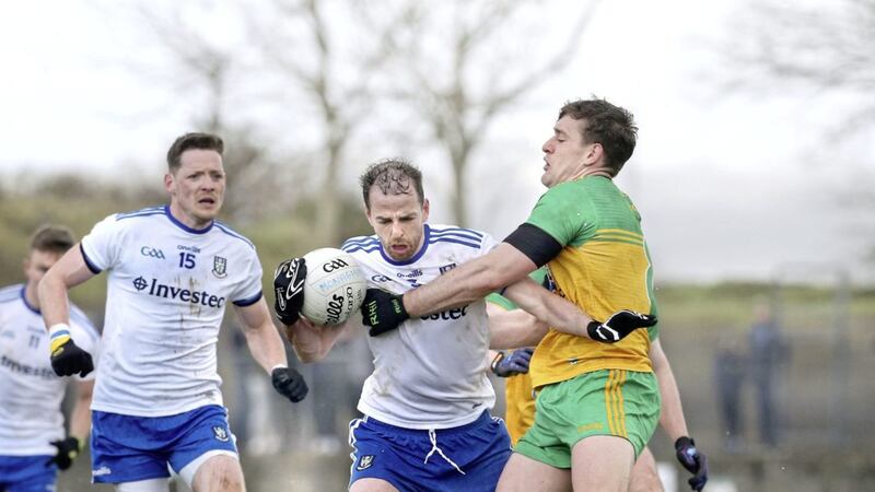 Donegal&#39;s Hugh McFadden battles with Monaghan&#39;s Conor Boyle oduring Sunday&#39;s Division One clash in Ballyshannon. Picture by Margaret McLaughlin 