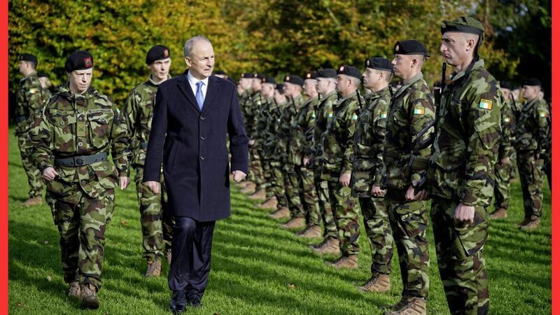 Minister for Defence Miche&aacute;l Martin reviews the men and women of the 123rd Infantry Battalion at Kilkenny Castle prior to their departure for a six-month deployment to Lebanon as part of the United Nations Interim Force 
