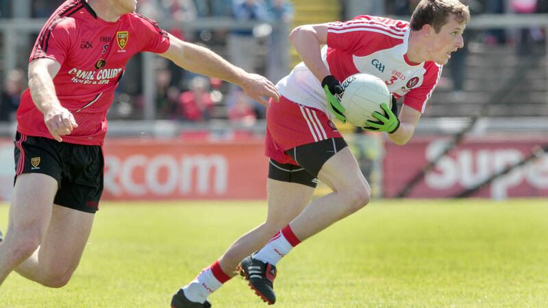 Derry's Brendan Rogers in action against Down during last year's Ulster Championship&nbsp;