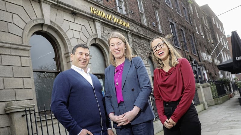 Bank of Ireland Group technology and customer solutions colleagues Hamid Akbari and Rosemary Gostelia de la Cruz met with HR director Eimear Harty as 100 new technology roles were announced. Picture: Naoise Culhane 