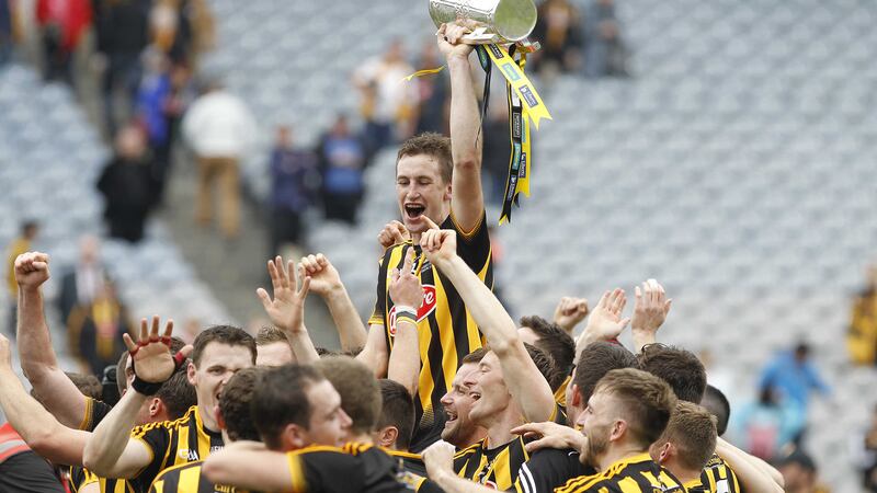 Kilkenny's Joey Holden raises the Liam McCarthy Cup aloft on the Croke Park pitch <br />Picture: Colm O'Reilly