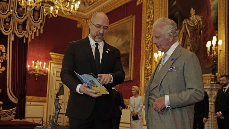 The King and Ukraine PM Denys Shmyhal during a reception at St James Palace (Aaron Chown/PA)