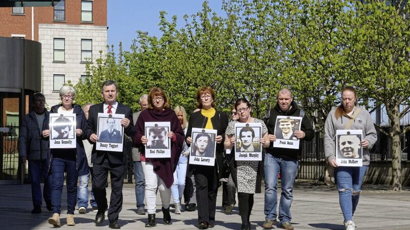 Relatives of people shot dead by paratroopers at Ballymurphy at an earlier court appearance 