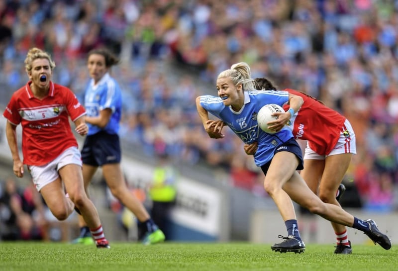 16 September 2018; Nicole Owens of Dublin in action against Eimear Meaney of Cork following the TG4 All-Ireland Ladies Football Senior Championship Final match between Cork and Dublin at Croke Park, Dublin. Photo by E&oacute;in Noonan/Sportsfile 