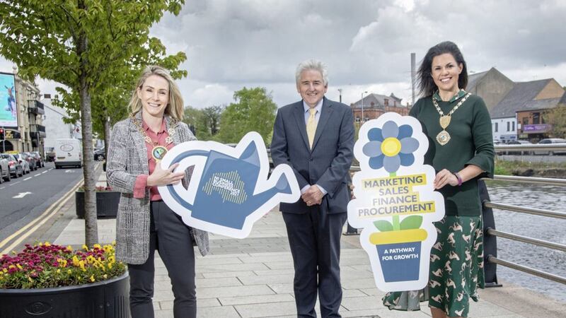 Newry, Mourne &amp; Down Council chair Laura Devlin (left), FSB regional chair Brendan Kearney and Newry Chamber president Emma Mullen launch the 2021 NI Small Business Conference taking place virtually on Thursday June 24 