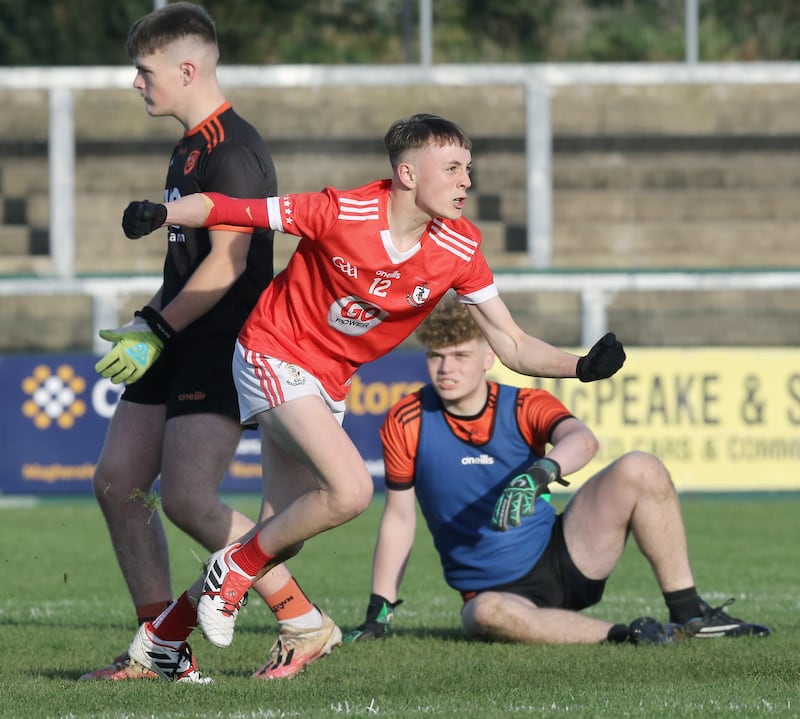 Lorcan Higgins wheels away after scoring a goal during last weekend's Derry minor final in which Magherafelt overcame Lavey to win their second title from four finals in the last five years. It was just the club's sixth minor championship in their history. Picture: Margaret McLaughlin
