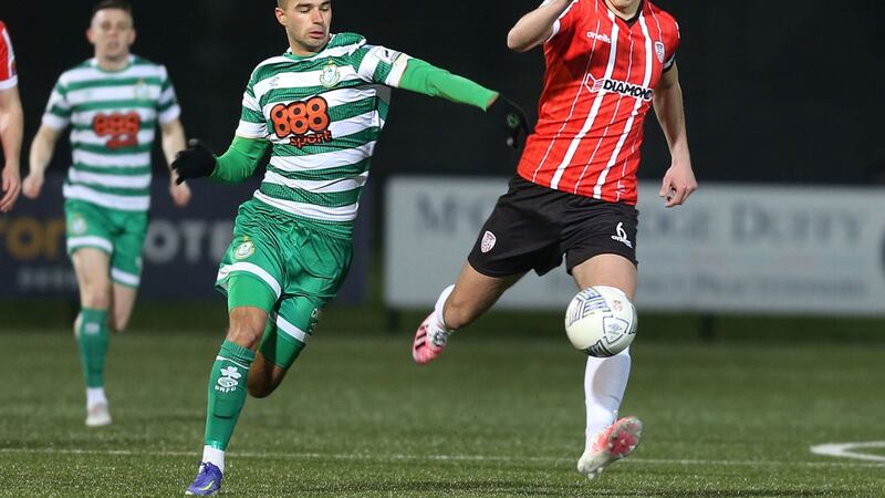 Danny Mandroiu (left) scored the only goal of the game as Shamrock Rovers increased their lead over Derry City at the top of the SSE Airtricity League Premier Division&nbsp;
