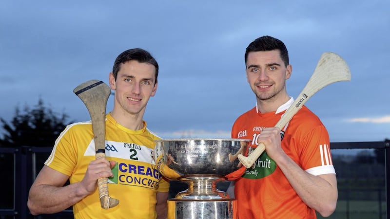 Antrim&#39;s Simon McCrory and Armagh&#39;s Shea Gaffney with the Liam Harvey Cup at the launch of the Ulster Senior Hurling Championship earlier this month Picture by Cliff Donaldson 
