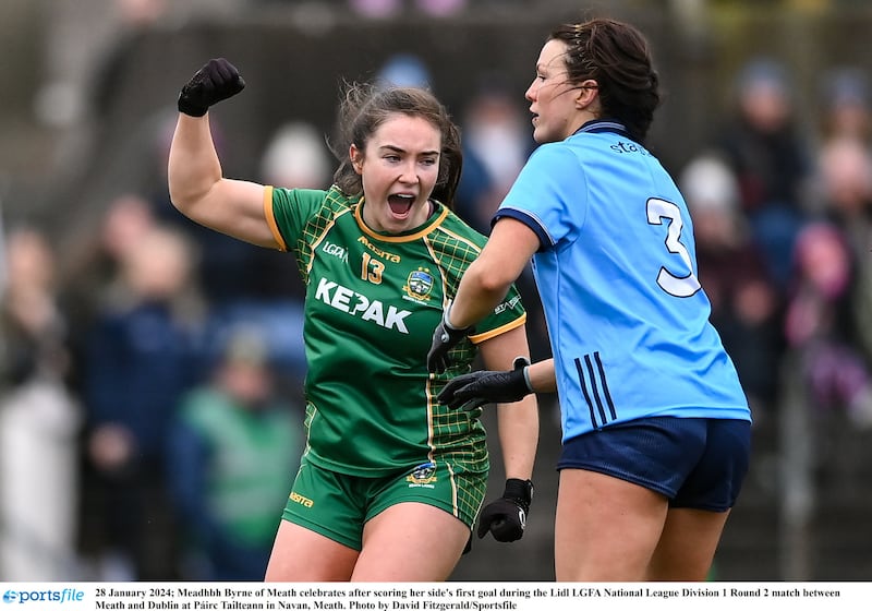 Meadhbh Byrne of Meath celebrates after scoring her side’s first goal during yesterday’s 2-5 to 0-7 win over Dublin at Páirc Tailteann  Picture: David Fitzgerald/Sportsfile