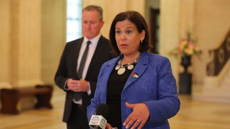 Sinn F&eacute;in's Conor Murphy with party leader Mary Lou McDonald, speaking at Stormont Parliament Buildings after a meeting with new DUP leader Edwin Poots. Picture by&nbsp;Niall Carson/PA Wire