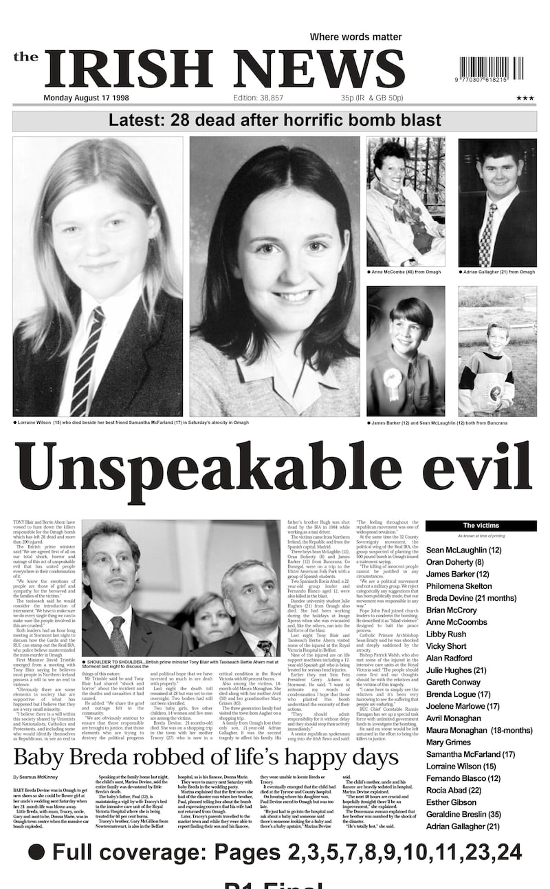 Front page of The Irish News on 17th August 1998, two days after the Omagh bombing.
