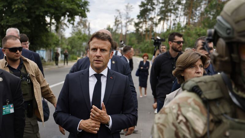 French President Emmanuel Macron and France's Foreign Affairs Minister Catherine Colonna, right, visit Irpin, outside Kyiv (Ludovic Marin, Pool via AP)&nbsp;
