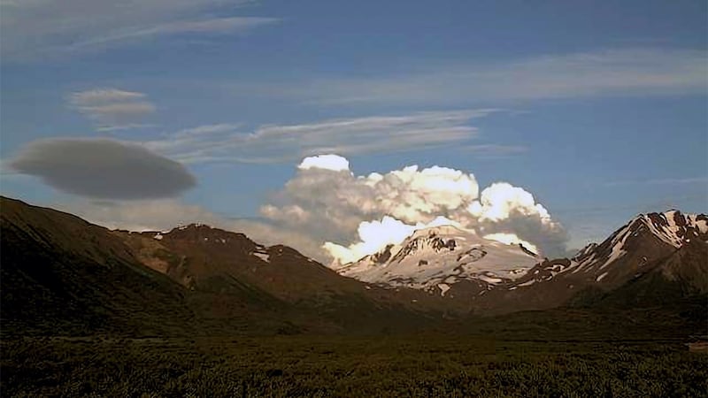 This web camera image provided by the US Geological Survey shows a low-level ash plume from the Shishaldin Volcano (Alaska Volcano Observatory/US Geological Survey via AP)