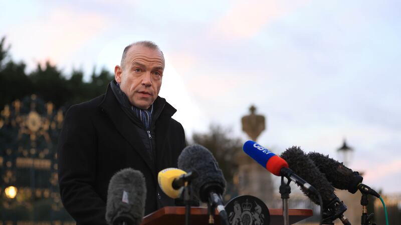 Northern Ireland Secretary Chris Heaton-Harris speaking to the media outside Hillsborough Castle after meeting political parties over the Stormont stalemate