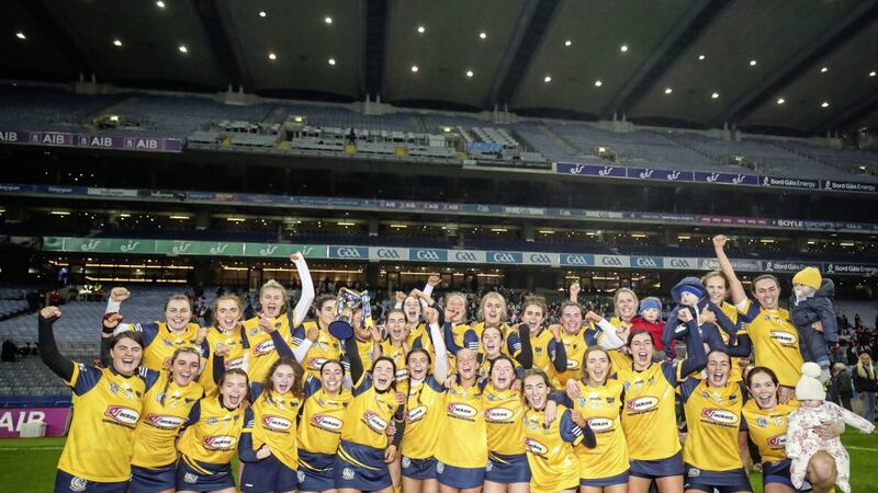 Clonduff celebrate winning the AIB All-Ireland Intermediate Club Camogie Championship after their win over James Stephens in the final at Croke Park 