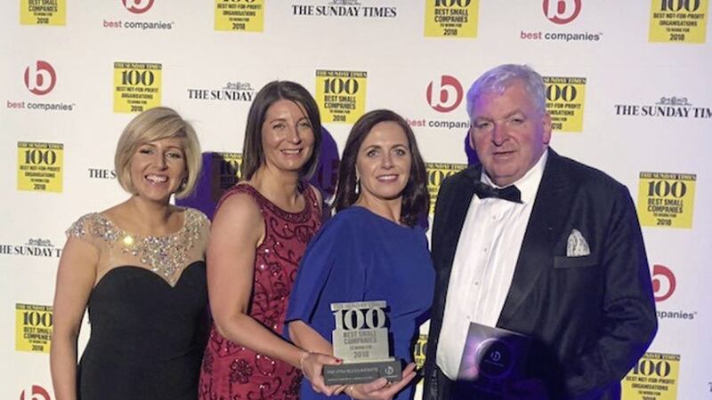 Team PKF-FPM members (from left) Caroline Preston (business development manager), Teresa Campbell (staff director), Ciara McFerran (HR manager) and Feargal McCormack (managing director) at the Sunday Times presentation dinner in London 