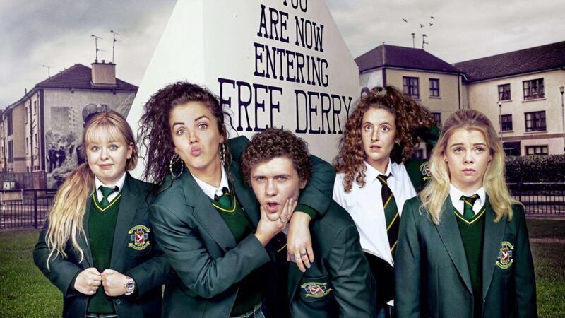 The stars of Derry Girls: Nicola Coughlan (Clare), Jamie-Lee O'Donnell (Michelle), Dylan Llewellyn (James),&nbsp;Louisa Harland (Orla) and&nbsp;Saoirse-Monica Jackson (Erin)<br />&nbsp;