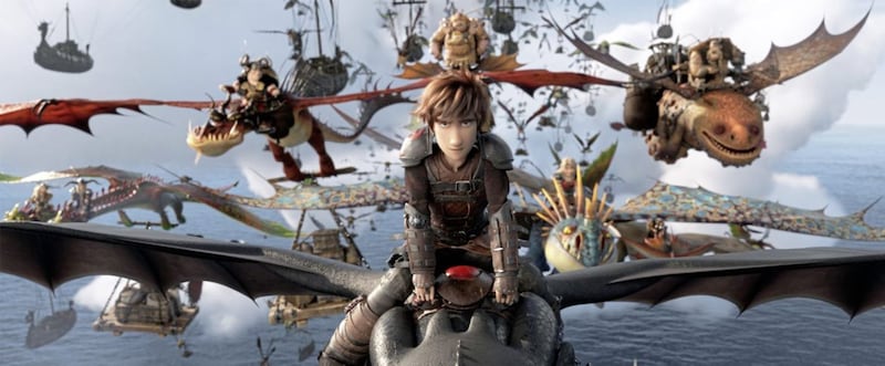Hiccup (voiced by Jay Baruchel) rides Toothless into battle in How To Train Your Dragon: The Hidden World 