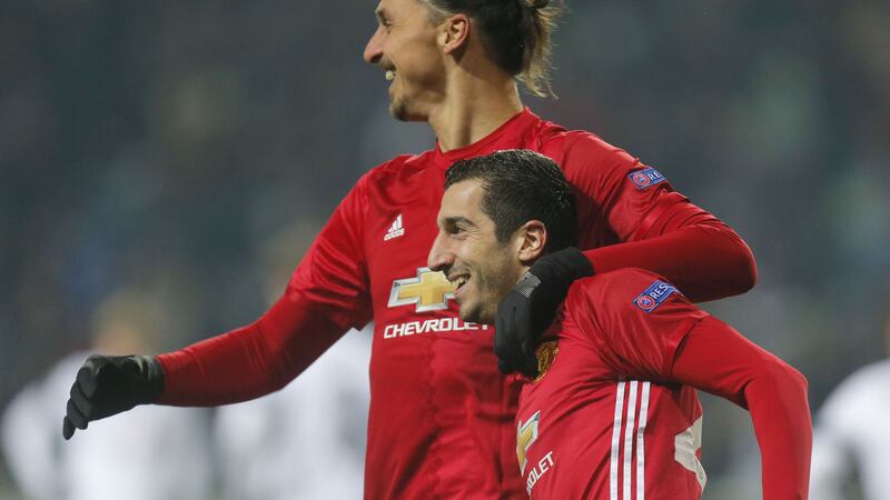 Henrikh Mkhitaryan is congratulated by Zlatan Ibrahimovic after scoring for Manchester United in Thursday night's Europa League game in Odessa<br />Picture by AP&nbsp;