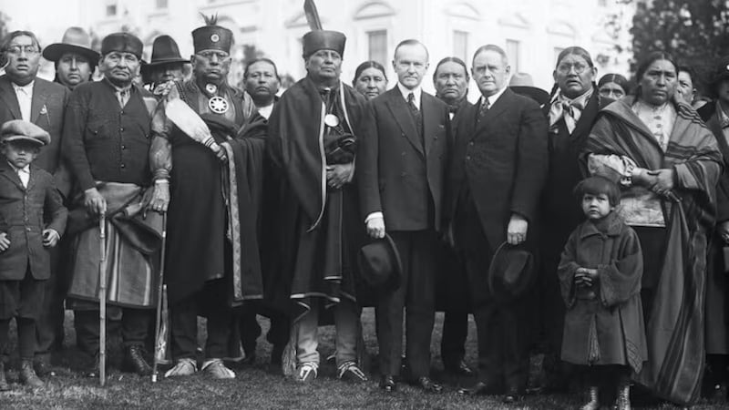 An Osage delegation with President Calvin Coolidge at the White House on Jan. 20, 1924. Bettman via Getty Images