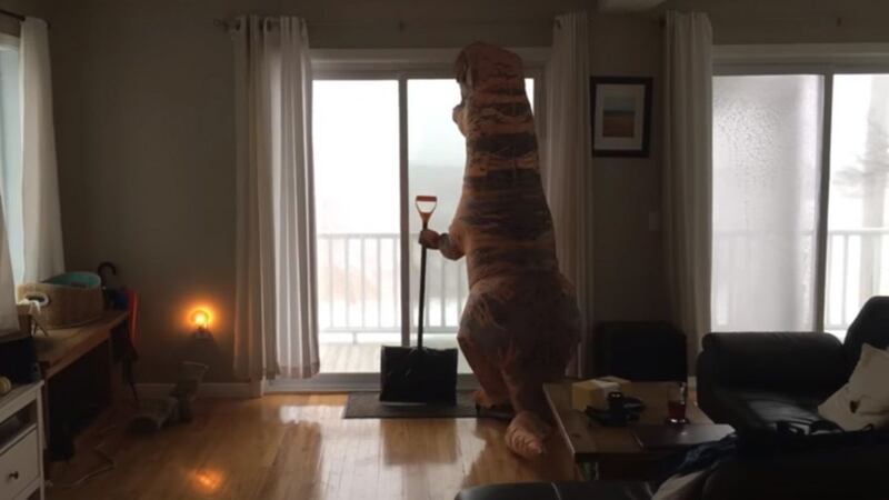 This T-rex attempting to clear snow proves why you should never go outside in a blizzard