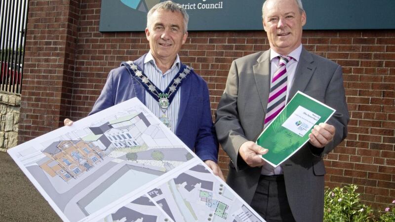 Mark Murnin, chair of Newry, Mourne and Down District Council, with the Council&#39;s chief executive Liam Hannaway 